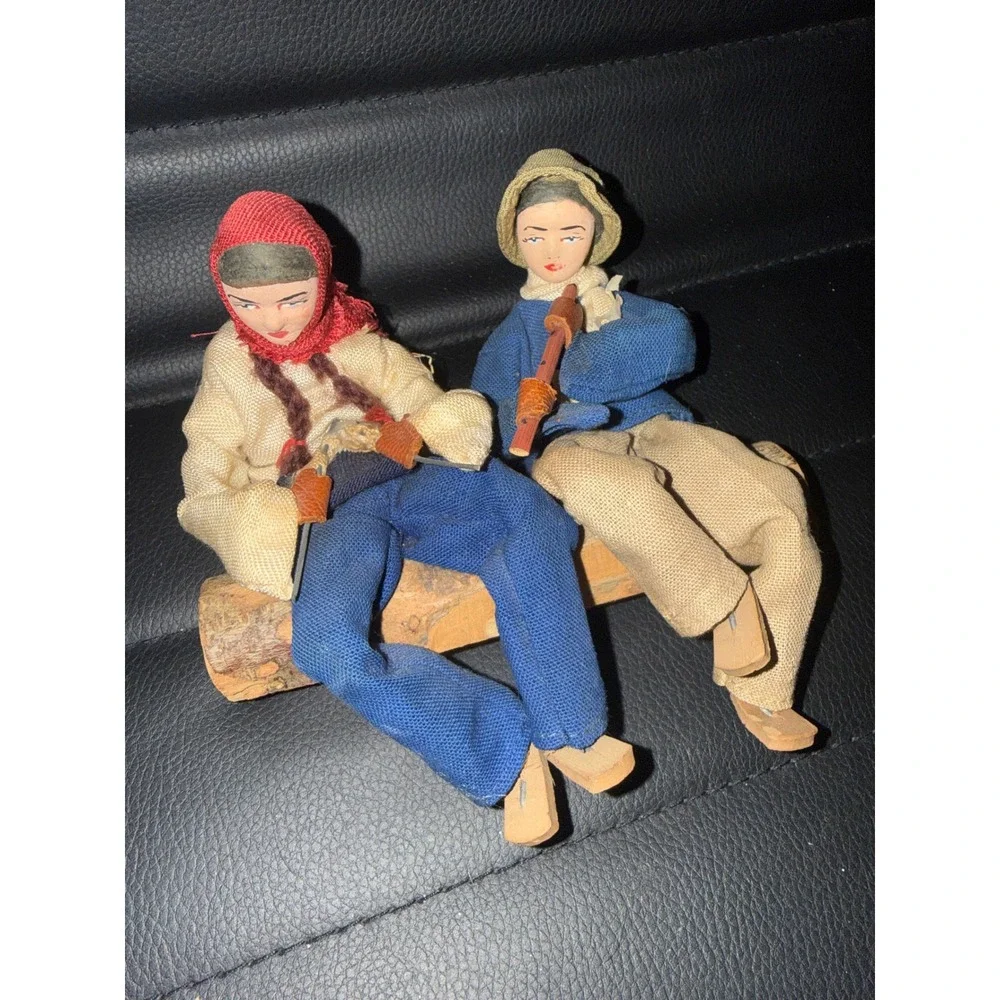Vintage Sabra Israel‎ Handmade Dolls 1950's on Wood Log Knitting & Flute Player